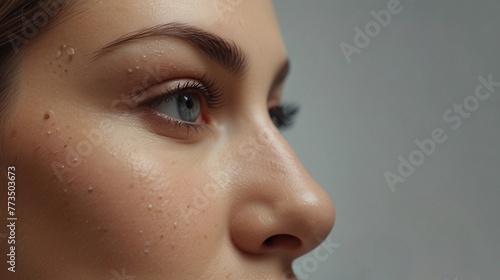 Portrait of a young woman using face creams. Concept of fresh moisturized skin, beautiful cosmetic face close-up, happy healthy model. The girl takes care of her skin.