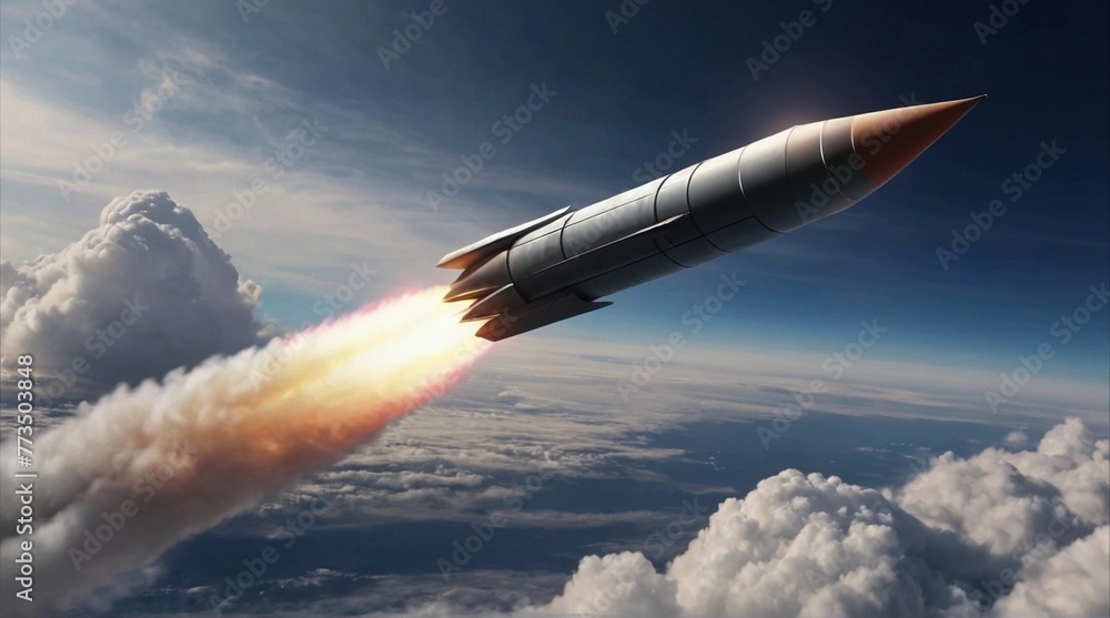 Commercial space rocket launch into space with exhaust flames and smoke 4k