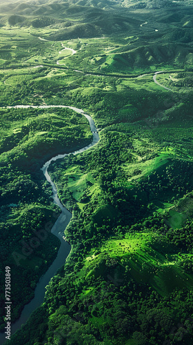 A captivating aerial view of a greenery landscape, with winding rivers, verdant valleys, and patches of dense forests.