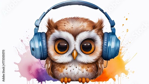 baby owl wearing headphones, vibrant paint splashes in background. concepts: music album covers, sound and silence, enjoying music, relaxation content, audio devices, music streaming services photo