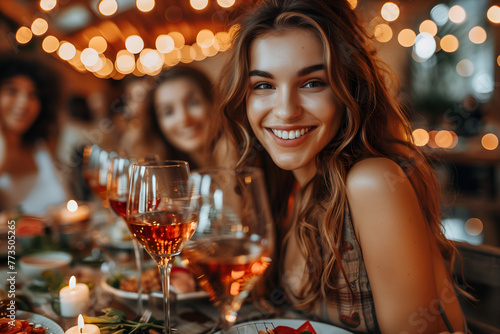 Close friends or romantic couple enjoy wine in a cozy cafe or restaurant  sharing laughter and stories in a warm  inviting atmosphere. with beautiful sunset lighting