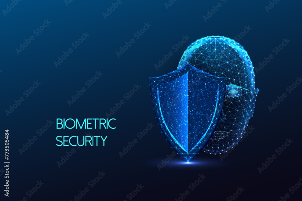 Biometric security, authentification, facial recognition futuristic concept on dark blue background - obrazy, fototapety, plakaty 
