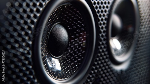 Close-up view of speaker tweeter with metallic grille detail. High fidelity audio and sound quality concept for stereo equipment and speaker design.