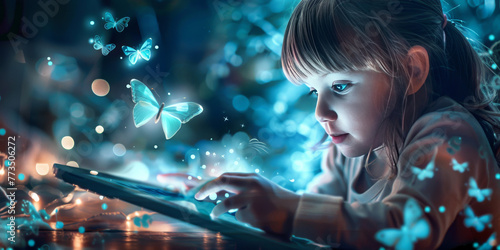 Young girl captivated by glowing butterflies from a digital tablet screen. Concept of modern education and interactive learning.
