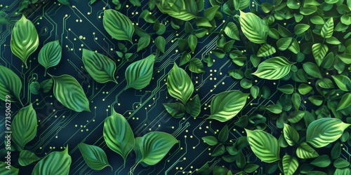 Lush green foliage merging with electronic circuit lines. Digital nature fusion concept illustration for eco-friendly technology themes and green innovation design