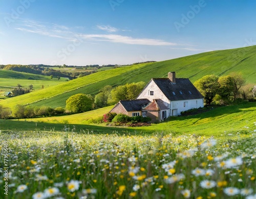 A peaceful countryside landscape in springtime, with rolling hills, blooming wildflowers
