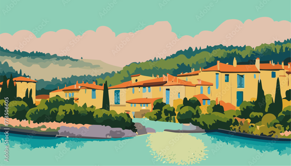 Vintage panorama of the old town landscape with houses and river  delicate pastel colors