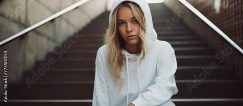 A woman dressed in a white hoodie is seen sitting on a set of stairs, looking calm and contemplative