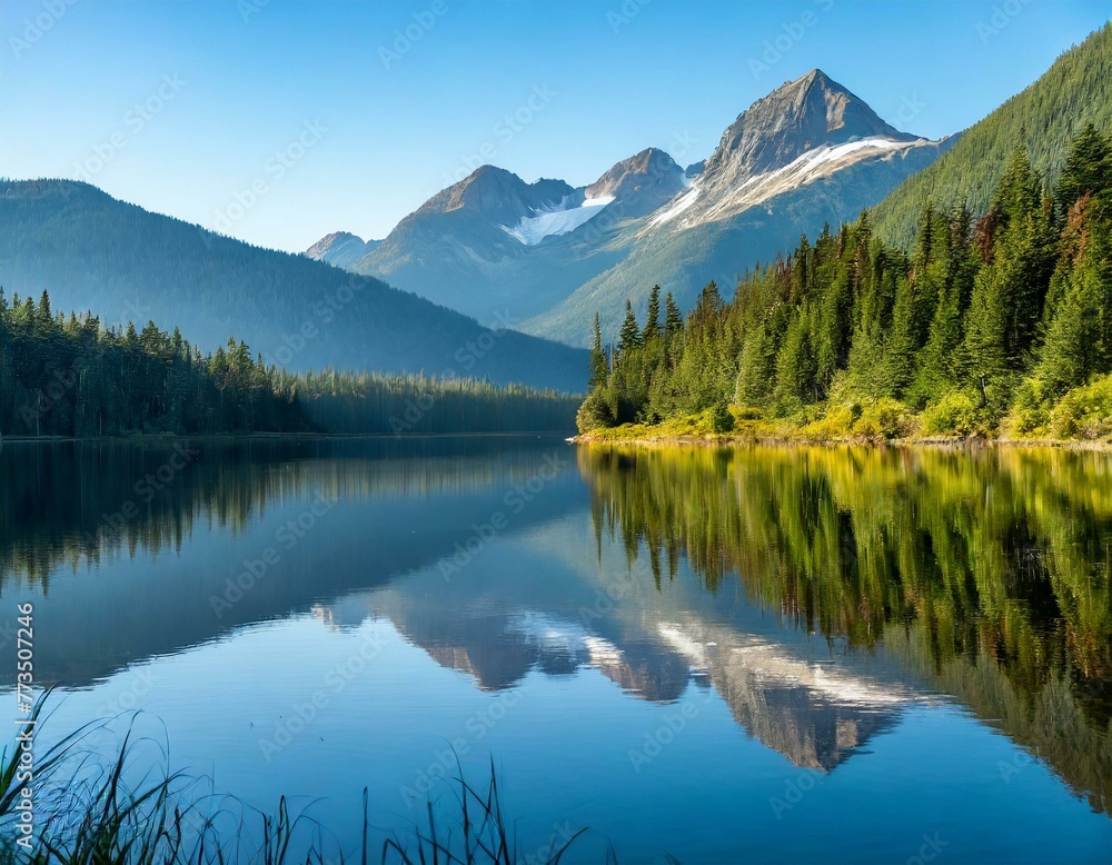 A tranquil scene of a glassy mountain lake reflecting the surrounding peaks