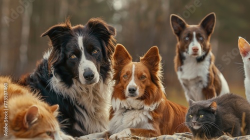 A group of dogs and cats sitting peacefully. Suitable for pet lovers