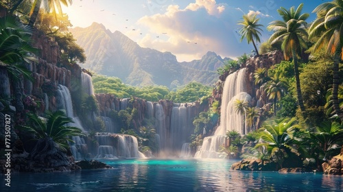Epic Tropical Island Paradise with Lush Waterfalls and Palm Trees photo