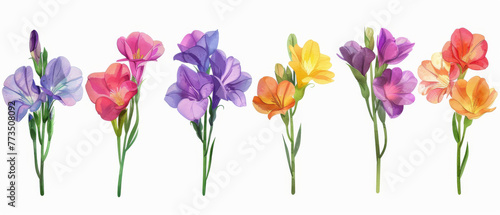 Brightly colored Freesia flowers arrayed in a row, isolated on a pale background, showcasing natural beauty. photo