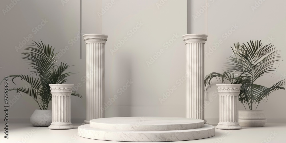 A set of three white pillars with a plant in the middle. Ideal for architectural and interior design projects - obrazy, fototapety, plakaty 