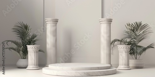 A set of three white pillars with a plant in the middle. Ideal for architectural and interior design projects photo