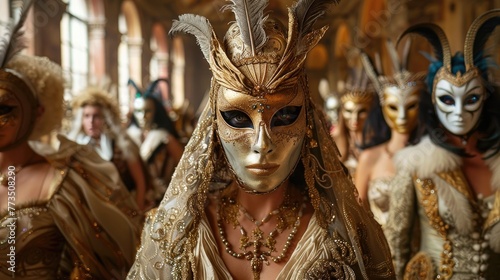 Fantastical Birthday Masquerade in Opulent Venetian Palace with Guests Wearing Mythical Creature Masks © Sittichok