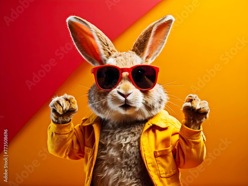 funny rabbit dancing with sunglasses with red yellow background generative AI