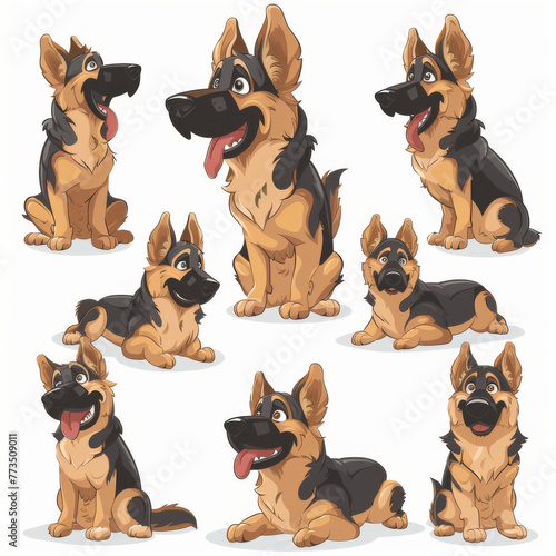 A series of illustrations depicting playful and adorable German Shepherd puppies in various poses.