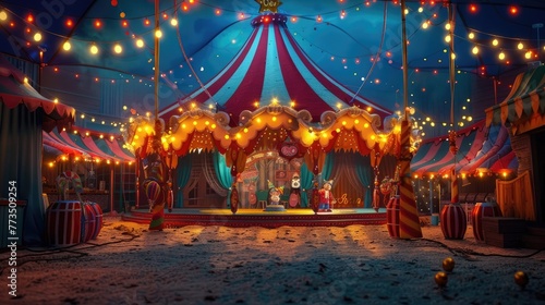 Whimsical Circus in Enchanting Tent with Acrobats and Clowns Performing Feats of Wonder