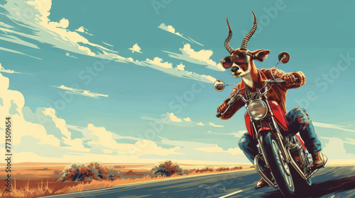 Illustration of an antelope character in human clothes riding a vintage motorcycle along a deserted road.