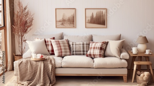 A cozy living room featuring a comfortable sofa and a throw blanket