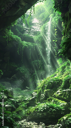 A captivating view of a greenery landscape  with a cascading waterfall surrounded by lush vegetation and moss-covered rocks.