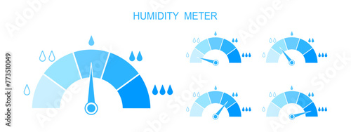 Set of humidity meters. Measuring dashboards with arrows and water drops with different levels of liquid. Hygrometer climate control tools isolated on white background. Vector flat illustration. photo