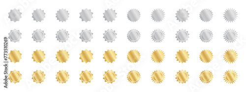 Set of silver and gold round stickers with wavy borders. Shining wiggly labels, quality badges, price tags, stamps, sale offer shapes isolated on white background. Vector illustration.