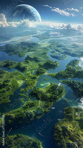 A captivating view of a terraformed planet, with lush green forests, winding rivers, and a clear blue sky, reminiscent of Earth's natural beauty.
