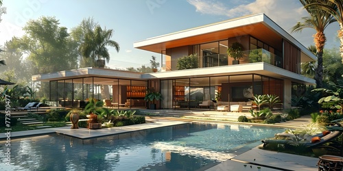 Luxurious Landscape: D Rendering of Modern House with Pool and Parking on a Sunny Day. Concept Luxury Architecture, 3D Rendering, Modern House, Pool Design, Sunny Day