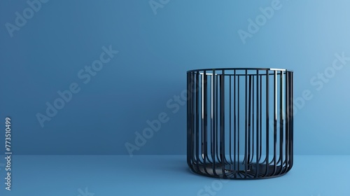 A product design rendered in 3D showcases a black metallic cage against a blue background photo