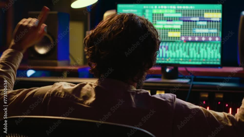 Skilled sound designer enjoying his own music creating at mixing console in control room, feeling pleased with his new track. Audio expert editing tunes with knobs and sliders in studio. Camera A. Skilled sound designer enjoying his own music creating at mixing console in control room, feeling pleased with his new track. Audio expert editing tunes with knobs and sliders in studio. Camera A.