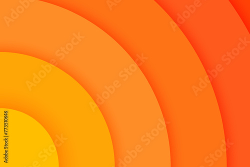 Orange corner concentric circles banner. Sun light, sunrise or sunset, sunburst background. Ripples, impact, sonar wave, radar sound signal wallpaper. Vector illustration in paper cut style.