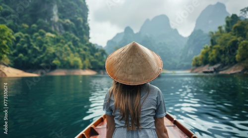 A woman in a hat sitting on a boat. Perfect for travel brochures © Fotograf
