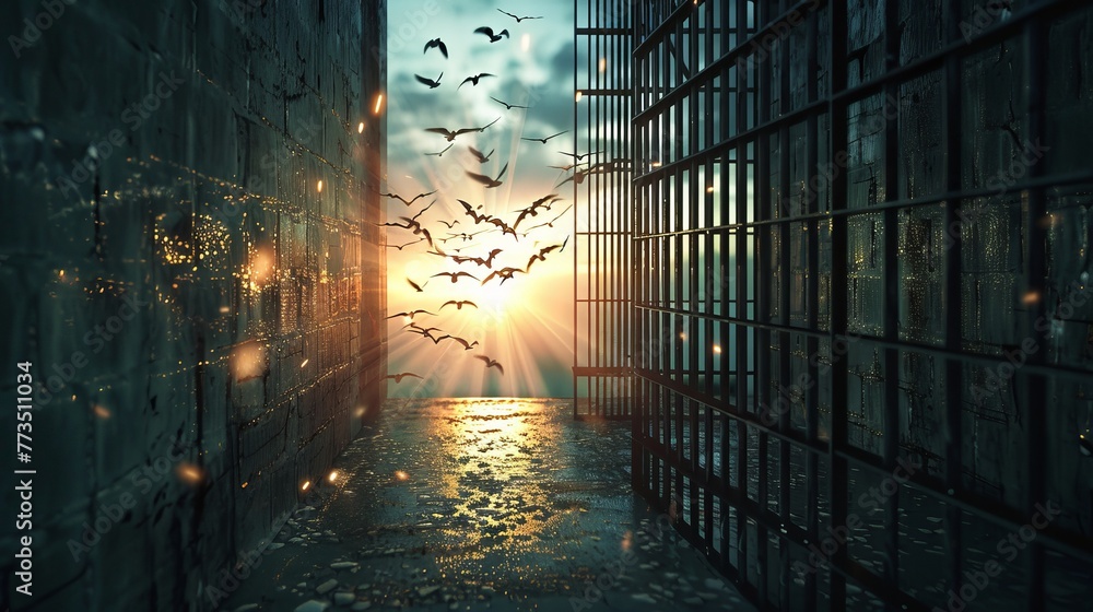 The act of breaking free from confinement is captured