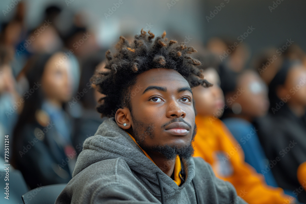 Young man attending lecture in an auditorium