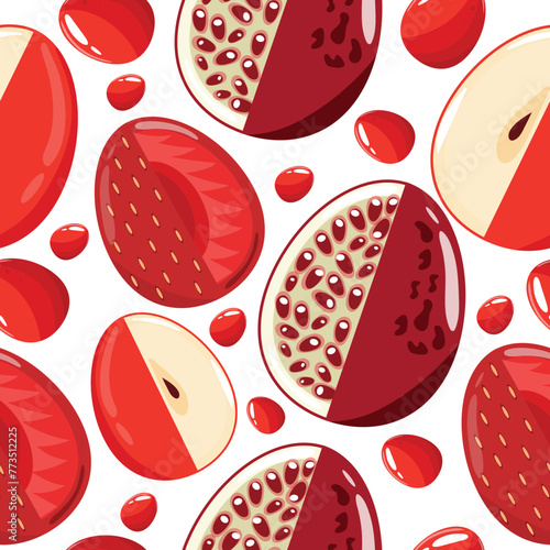 Easter seamless pattern with decorated eggs with red apple, strawberry, garnet and red eggs for holiday poster, textile or packaging	