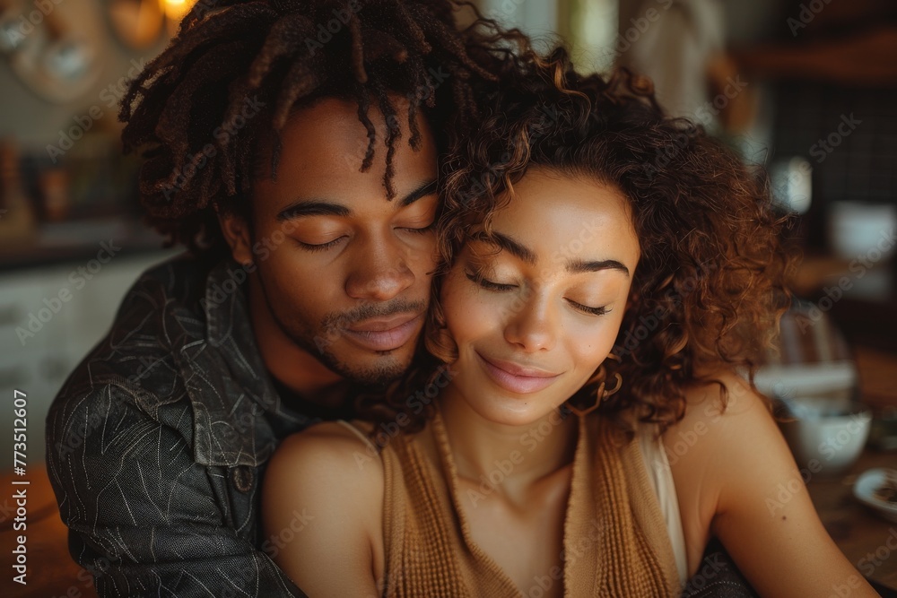 Affectionate multiethnic couple embracing in cozy setting Affectionate multiethnic couple embracing in cozy setting