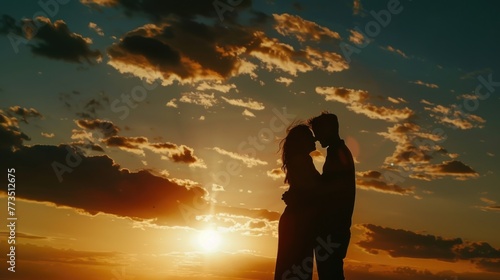 Romantic couple kissing in front of a beautiful sunset. Ideal for love and romance concepts