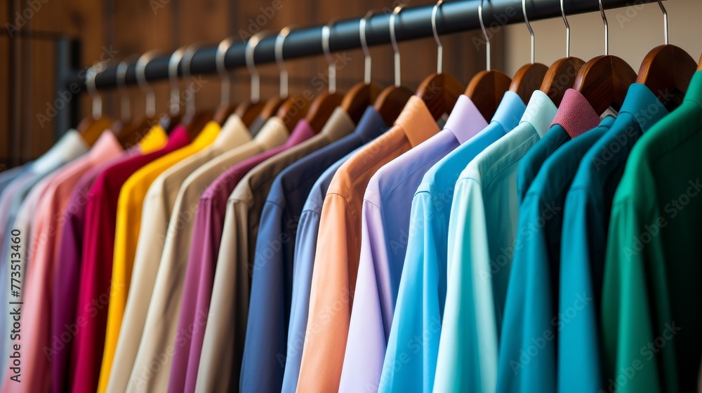 A neat row of colorful shirts hanging on a clothing rack in a fashion boutique A neat row of colorful shirts hanging on a clothing rack in a fashion boutique