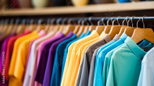 A neat row of colorful shirts hanging on a clothing rack in a fashion boutique 