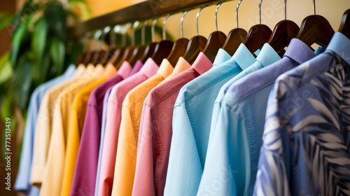 A neat row of colorful shirts hanging on a clothing rack in a fashion boutique 