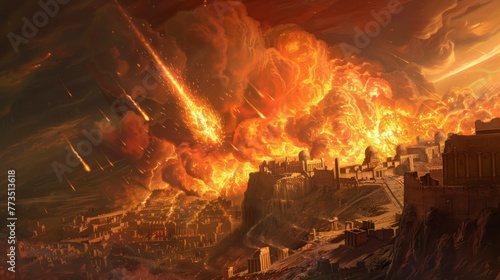 city ​​of sodom and gomorrah being destroyed by meteorites of burning fire falling in high resolution and high quality hd