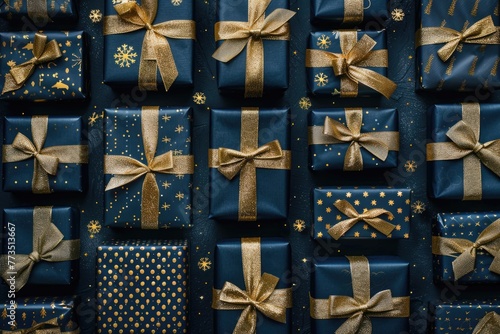 A bunch of beautifully wrapped presents with gold bows. Perfect for holiday and celebration concepts