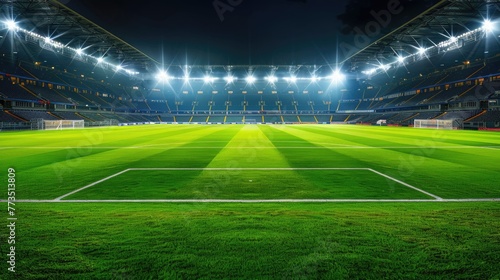 Empty soccer field lit under stadium lights at night photo