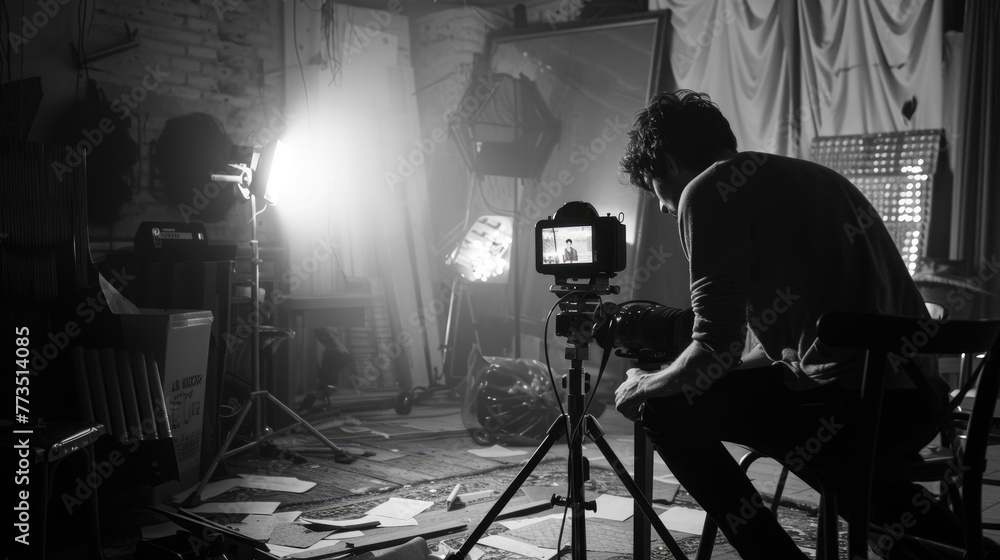 Fototapeta premium On Set Photography, Operator Using Professional Camera for Shooting