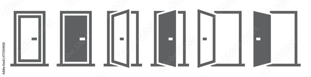 Set of doors icons. Opened and closed door silhouette. Interior or office doors. Vector. Set of doors icons. Opened and closed door silhouette. Interior or office doors. Vector.