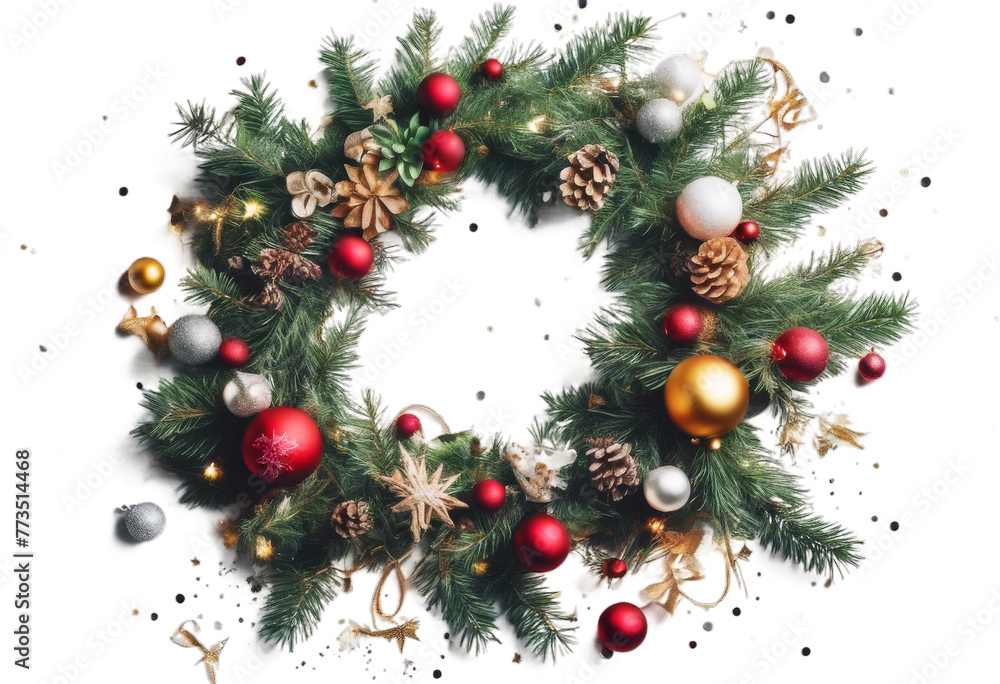 background. decorations copy wreath view white lay Christmas made tree Flat fir branches space confetti composition. top chaplet new year background 2019 up hi