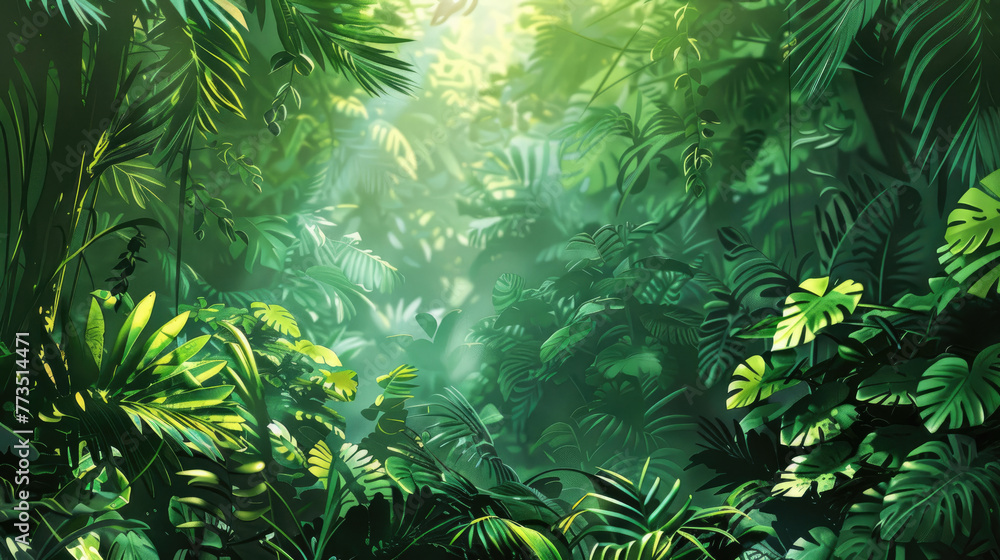Vibrant Jungle Illustration with Diverse Flora and Fauna Vibrant Jungle Illustration with Diverse Flora and Fauna