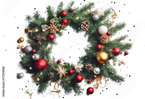 Obraz na płótnie background. decorations copy wreath view white lay Christmas made tree Flat fir branches space confetti composition. top chaplet new year background 2019 up hi w salonie