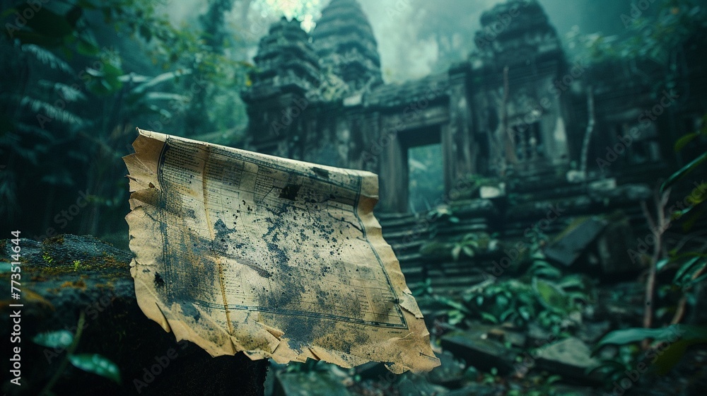 Ancient explorer, tattered map, seeking lost artifacts among the sounds of the jungle, with crumbling ruins peeking through dense foliage Photography, Backlights, Depth of Field Bokeh Effect